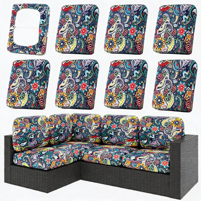 8Pcs Outdoor Patio Sofa Chair Cushion Cover Set, Stretchy Washable Patio Furniture Cushion Slipcovers, Elastic Bottom Waterproof Friendly Seat Back Cushion Protectors(Paisley,Cover Only)