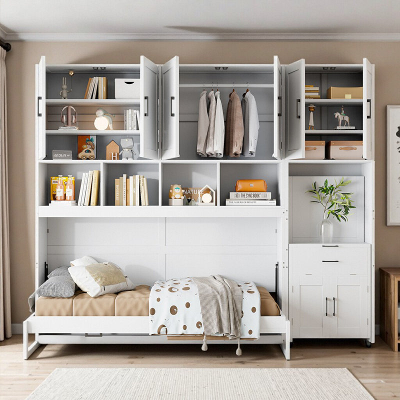 Lit escamotable avec bureau, armoire et bibliothèque Murphy, Blanc