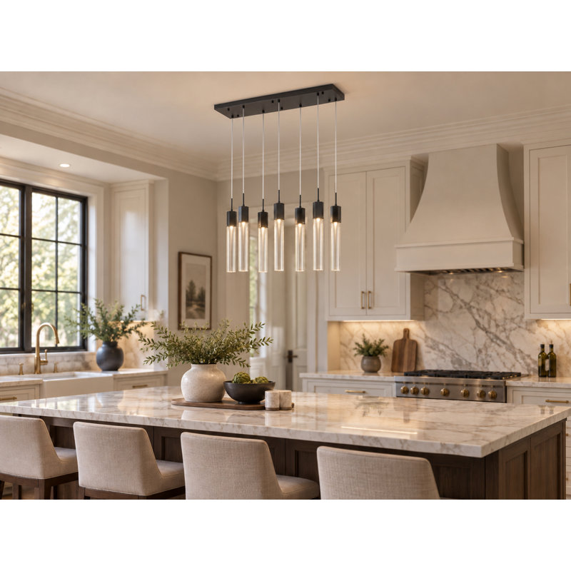 7-Light Matte Black Island Lighting With A Clear Bubble Crystal