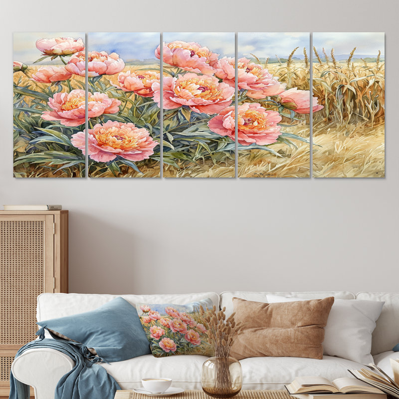 Pivoines de campagne le long du champ de maïs I - Pivoines - Art mural traditionnel pour le salon, H 32 po x l 80 po, 5