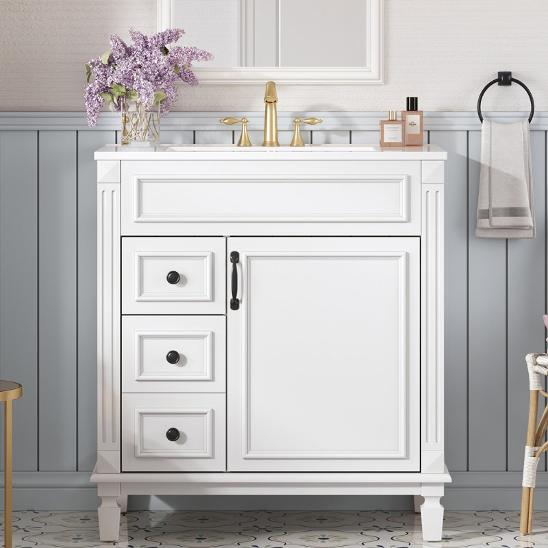 Meuble-lavabo autoportant de 30 po avec comptoir en céramique, Blanc