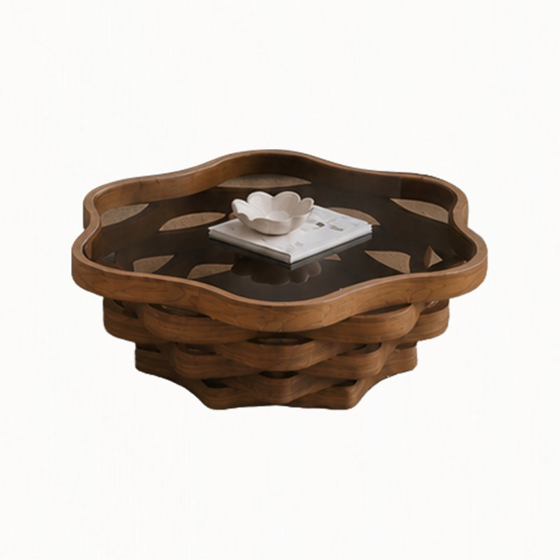 Table basse irrégulière en forme de nuage avec plateau en verre trempé, base Wave MDF, design moderne artistique