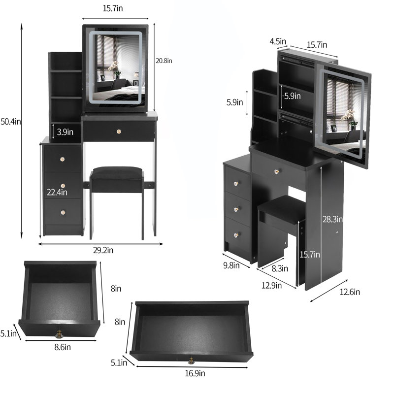 Compact Vanity Table with LED Mirror & Stool, Dressing Table with Adjustable Lighting & Storage