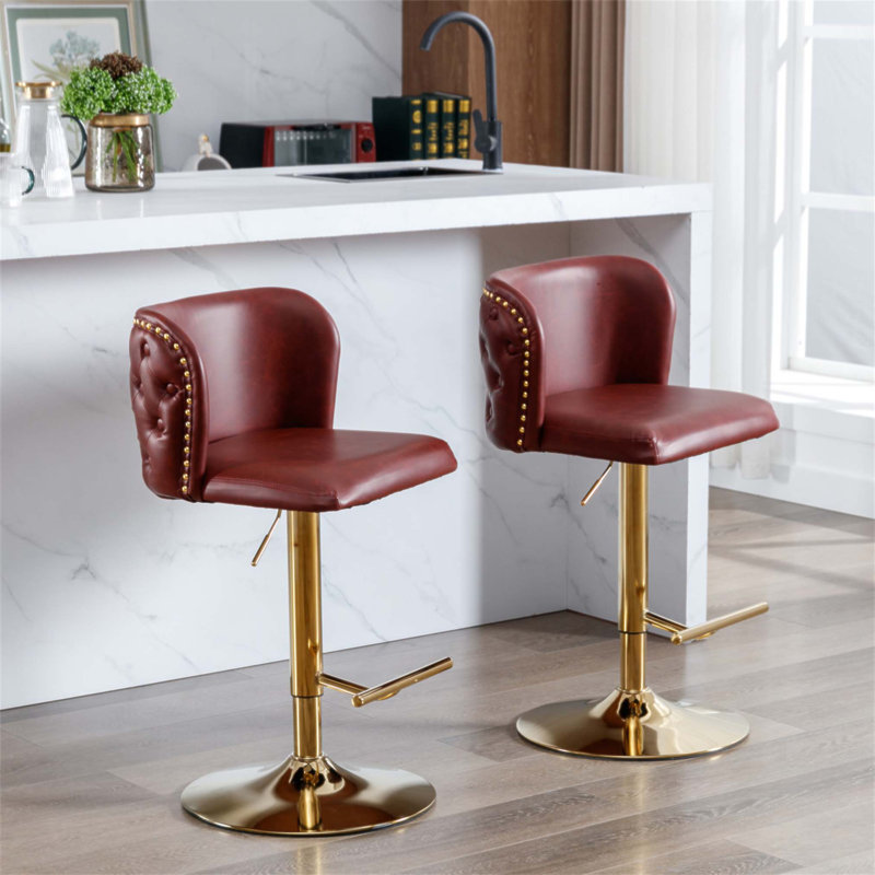 Tabourets de bar pivotants rembourrés en polyuréthane moderne avec hauteur de siège réglable et dossier capitonné, idéal pour un pub à domicile et un îlot de cuisine, rouge vin, ensemble de 2