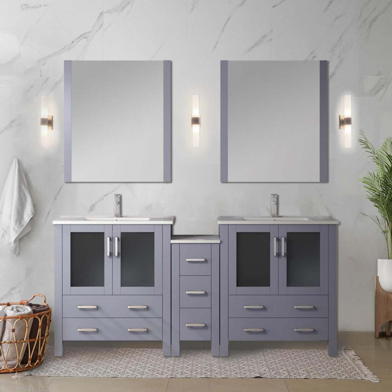 Meuble-lavabo double avec armoires latérales, ensemble de robinet, comptoir en céramique et miroirs