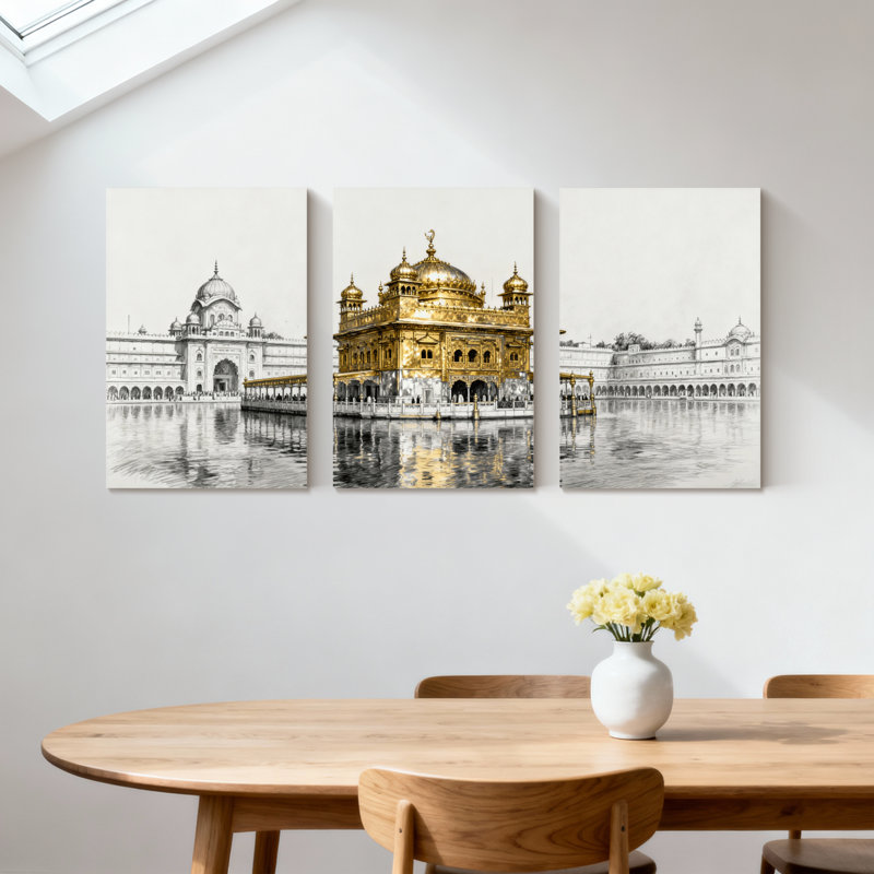 Landmark bâtiment Golden Temple Reflection, ensemble de 3 reproductions d'art sur toile, H 18 po x l 36 po