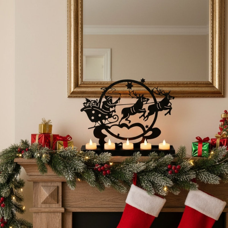 Porte-bougie de Noël en métal noir avec motif de père Noël et de renne