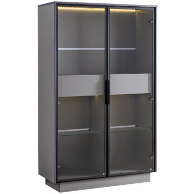 60.6'' Freestanding Display Cabinet With 2 Storage Drawers, Pantry With Glass Doors & LED Lighting, Modern China Cabinet With Adjustable Shelves For Hallways, Kitchen, Livingroom & Office - Grey