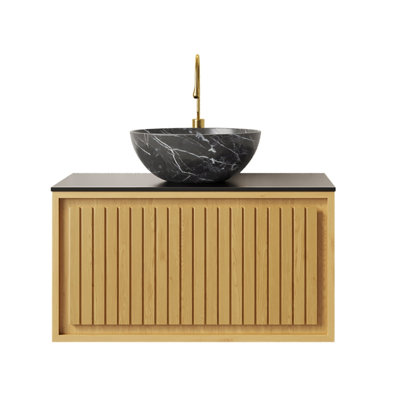 Meuble-lavabo de salle de bain 30 po avec lavabo Kola, armoire en contreplaqué mural en chêne Corolla, plateau en pierre frittée noire et cuve en céramique