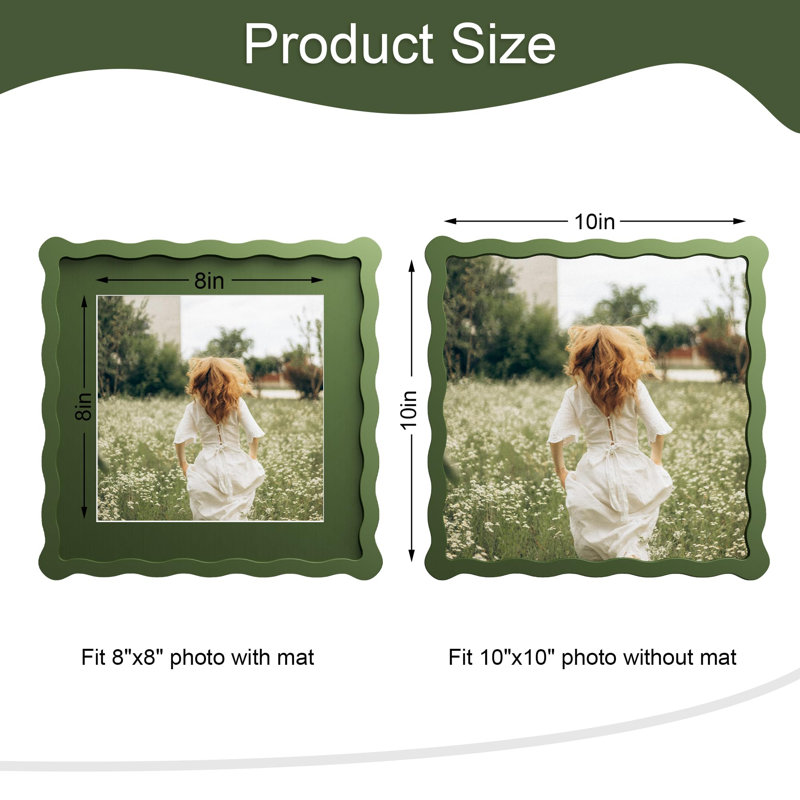 10x10 Scalloped Edge Wood Picture Frame with Mat Fits 8x8, Real Glass, Tabletop & Wall Hanging, 1 Pack, Green