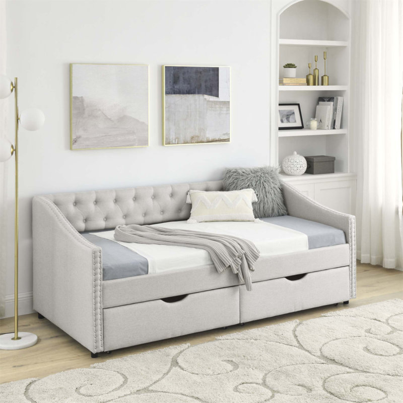 Daybed with Spacious Drawers, Upholstered Tufted Sofa Bed, Button Back and Copper Nail Waved Arms for Modern Living, Beige