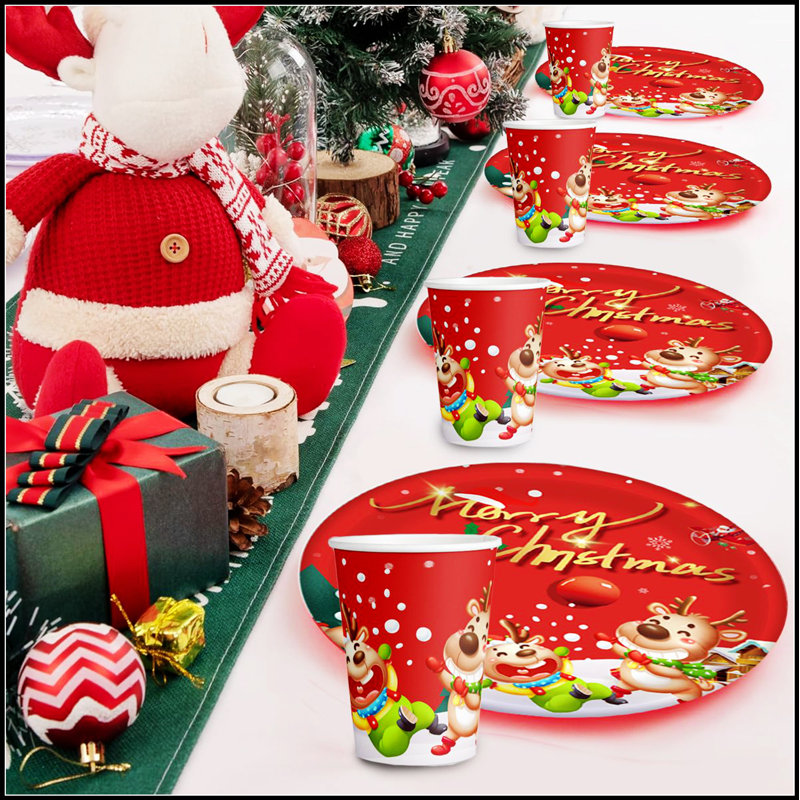 Ensemble 30 pièces de vaisselle de fête de Noël avec assiettes et tasses en papier jetables, 10 personnes, parfaites pour les fêtes et la décoration intérieure