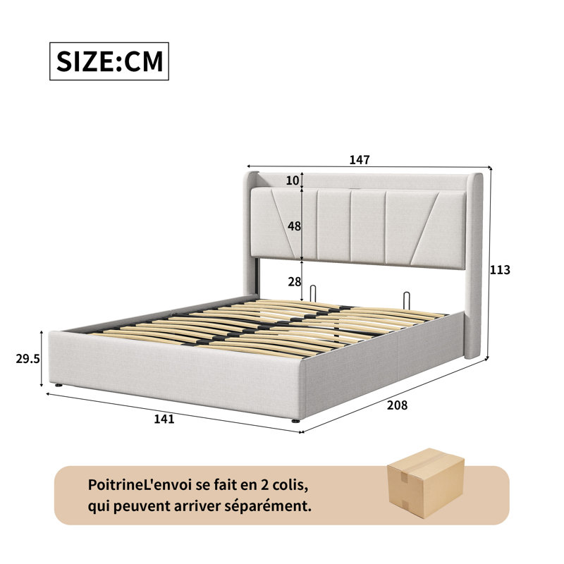 Upholstered Ottoman Storage Bed, Beige, European Double (140 x 200 cm)