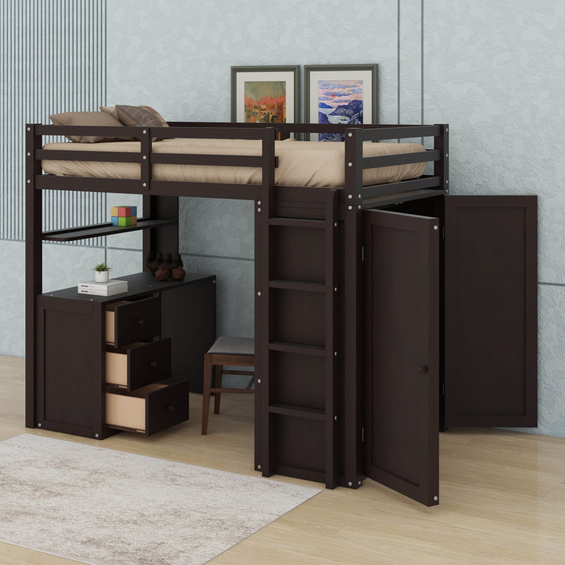 Lit mezzanine simple avec bureau, tiroirs et garde-robe, Espresso