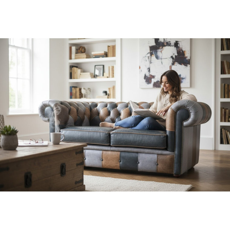 2 Seater Full Grain Leather Sofa, Cracked Wax Patchwork