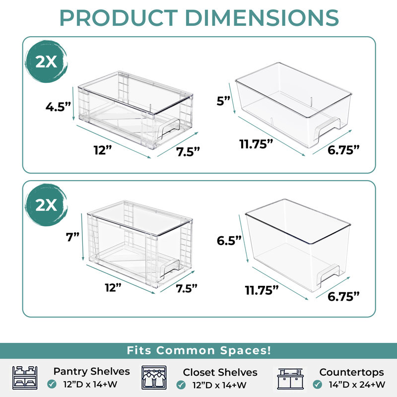  4 Piece Stackable Clear Plastic Pull-Out Drawer Organizer Bins - for Bathroom, Vanity, Makeup, Under Sink & Countertop