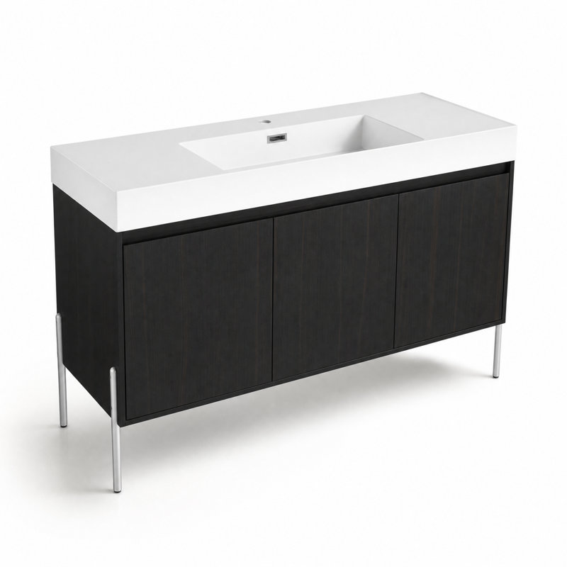 Meuble-lavabo autoportant de 48 po avec lavabo en résine, 3 portes à fermeture en douceur, armoire de rangement en contreplaqué chêne foncé pour la salle de bain, chambre principale