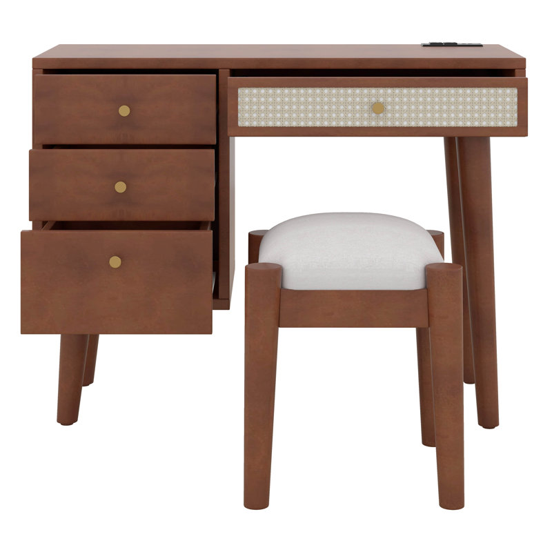 39" Makeup Vanity Desk With Stool, Bohemian Dressing Table Set With Rattan Drawer & Charging Plug, USB Port, Dressing Table