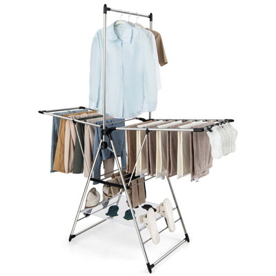 Séchoir Rebrilliant 2 couches en aluminium pliable avec barre de suspension et 2 ailes réglables en hauteur