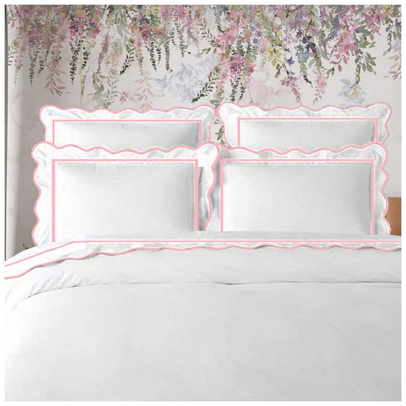 400TC Cotton Scallop Embroidery & Border Sateen Solid Duvet Cover Set, Full/Queen Duvet Cover, White/Light Pink