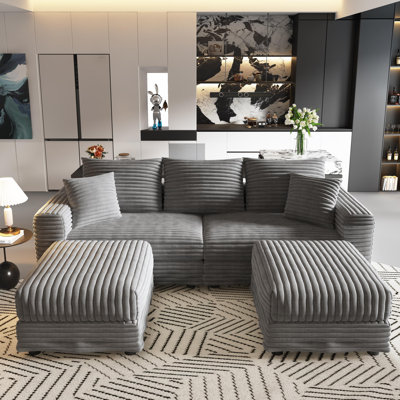  82.7" Corduroy Oversized Loveseat Sofa with Ottoman, 3-Seater Modular Sectional Couch with Soft Pillows, Convertible Sofa Lounge Chair, Modern Deep Seat Upholstered Cloud Couch for Living Room, Bedroom, Apartment