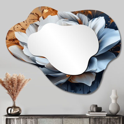 Transition de fleurs abstraites dorées I - miroir floral asymétrique irrégulier abstrait, miroir mural traditionnel, imprimé sur métal