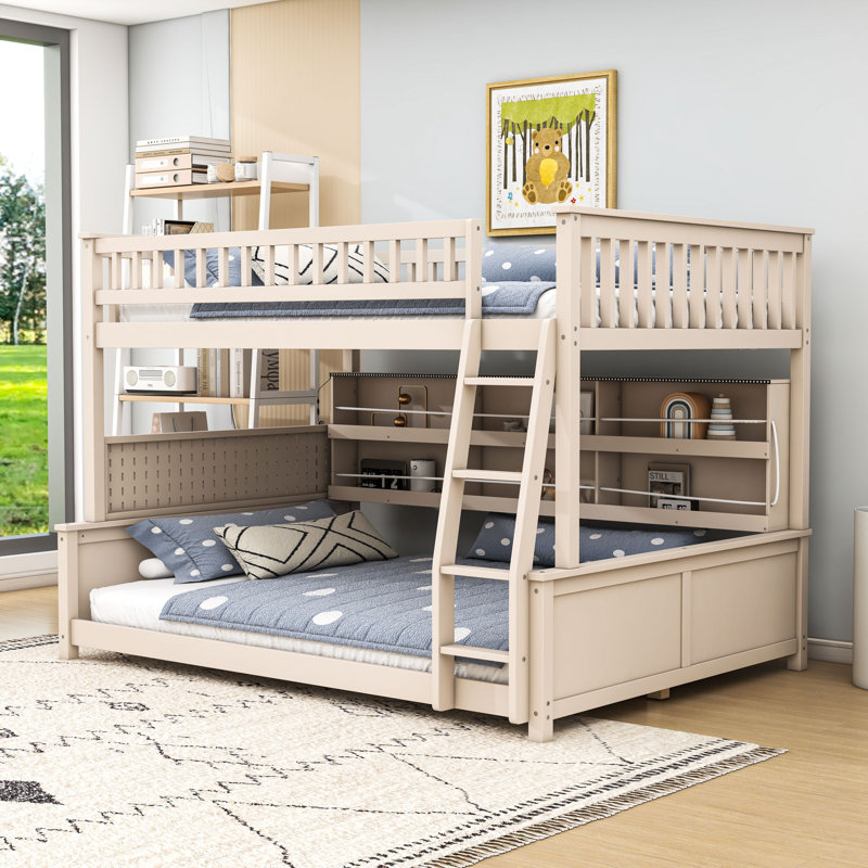 Wood Bunk Bed with Shelves and Lights, Beige, Full XL Over Queen