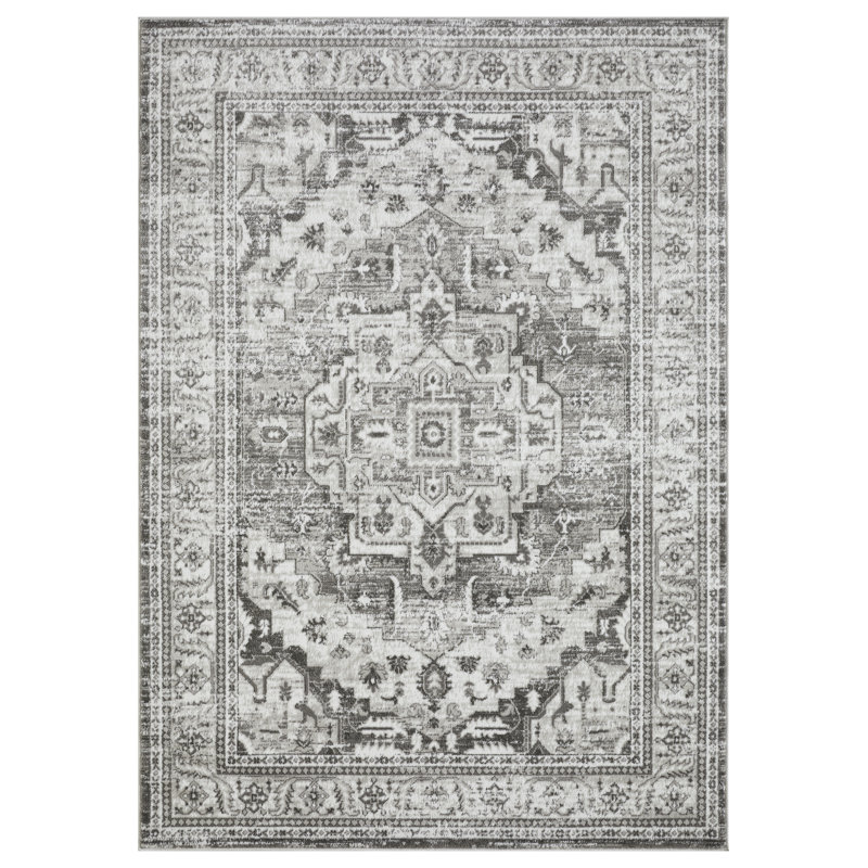 Tapis oriental gris en polypropylène tissé à la main Ragheb, Rectangle 4 pi x 6 pi