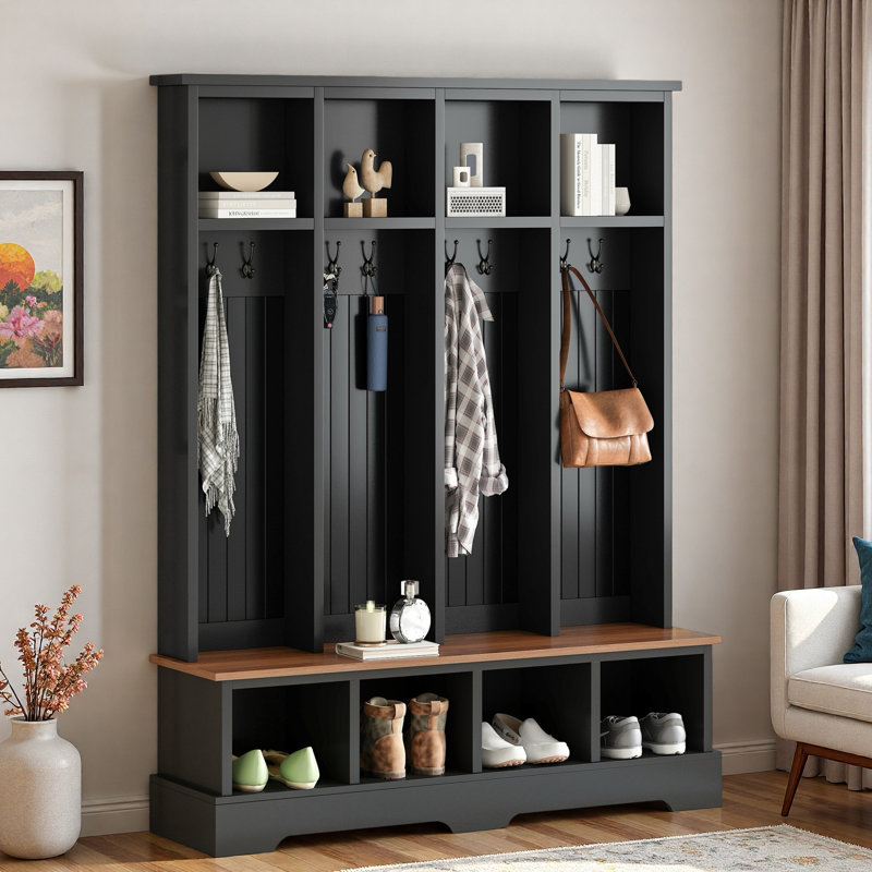 Farmhouse Wide Hall Tree With 8 Hooks, Bench And Open Compartments, Black