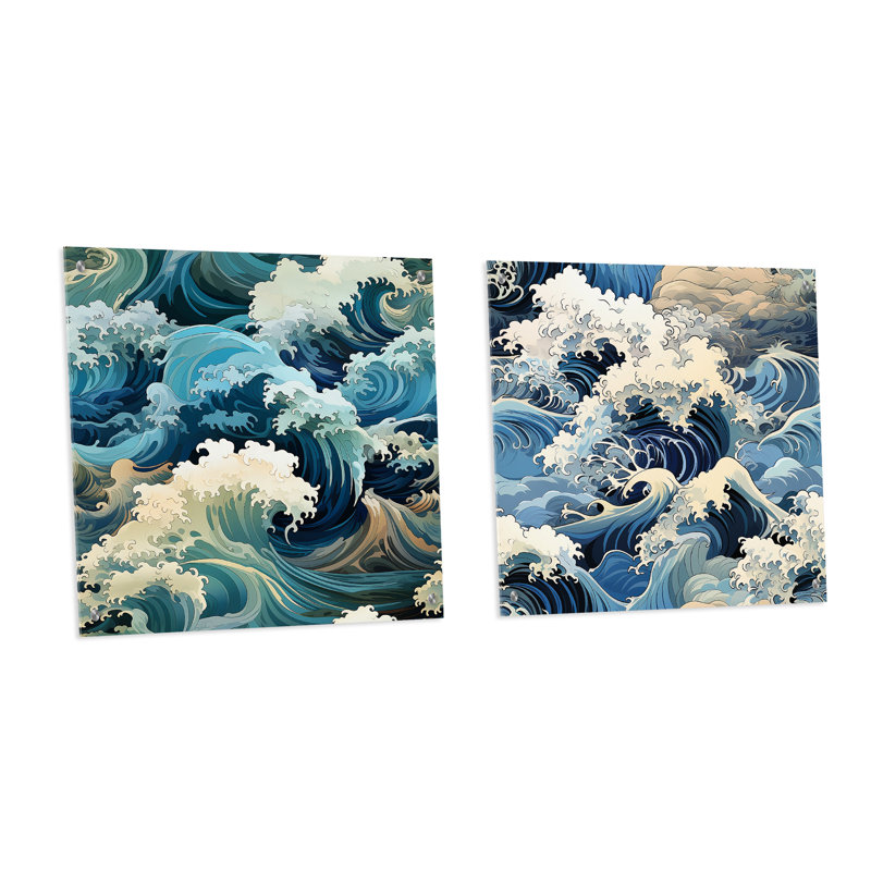 Motif de vagues japonaises Hokusai - ensemble d'art mural en verre acrylique bord de mer, H 16 po x l 33 po
