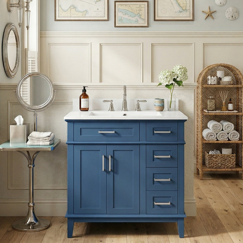 Meuble-lavabo moderne de 30 pouces avec lavabo intégré, armoire à cadre en bois massif avec tiroir de rangement profond, Bleu