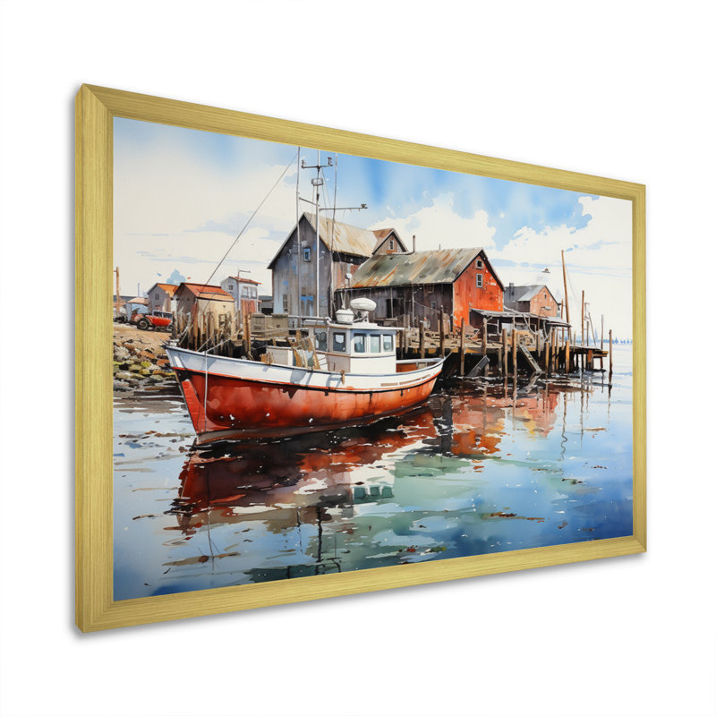 Port Portside Reflection Pointillism I sur impression sur toile, H 12 po x l 20 po x P 1 po, Encadrement doré