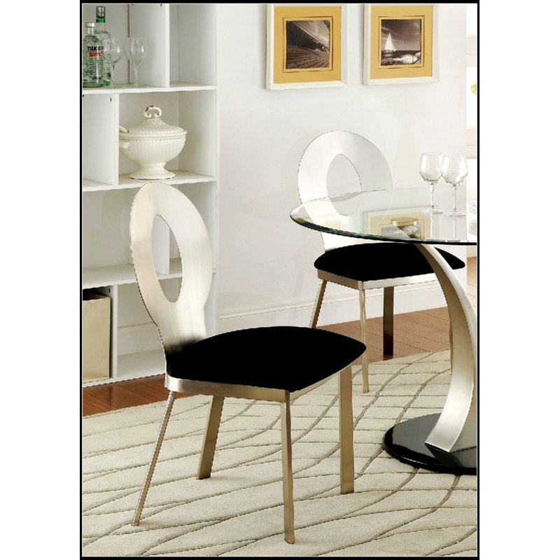 Chaises de salle à manger contemporaines à structure en métal argenté avec sièges en microfibre, dossier ovale et revêtement thermolaqué satiné pour les salles à manger modernes