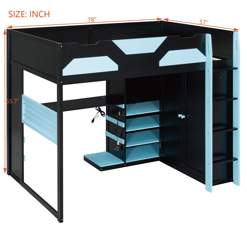 Lit mezzanine double en bois avec bureau, tablettes multiples, USB et lumière RVB, bleu nuage, Bleu