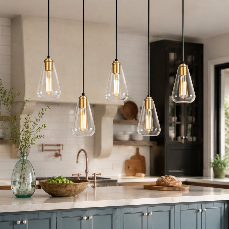 5-Light Dimmable Linear Kitchen Island Pendant With Teardrop Glass Shade