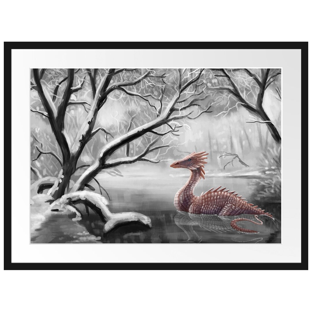 Gerahmtes Poster Drache im schneebedeckten Wald