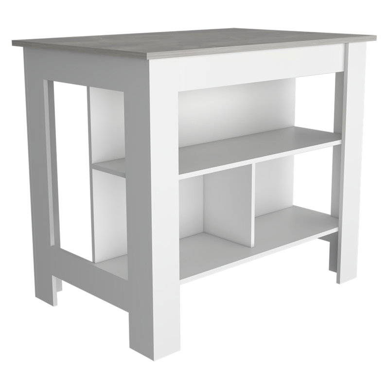 Brooklyn  Kitchen Island, Three Concealed Shelves, Gray/White