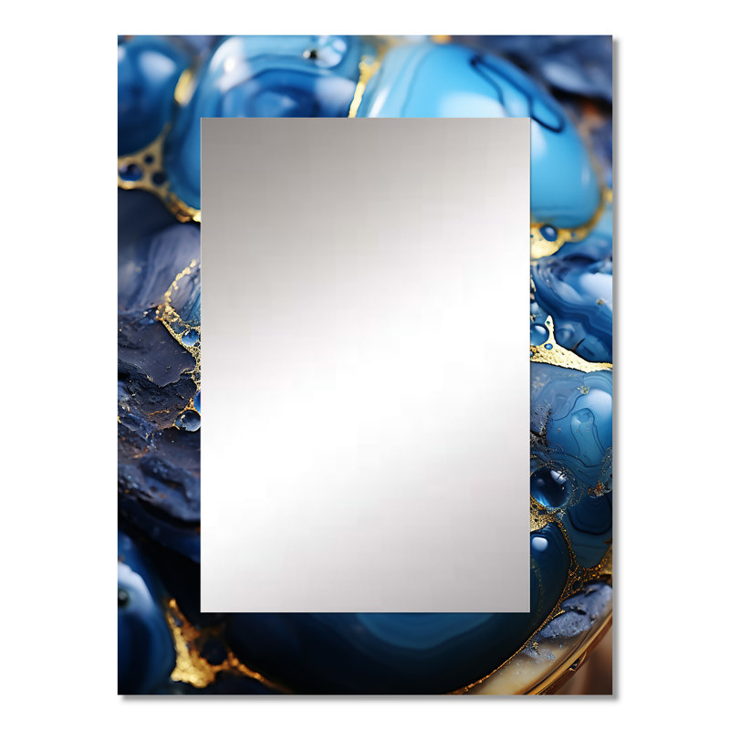 Or et mosaïque de marbre bleu saphir I - miroir mural abstrait unique, miroir doré, impression sur métal, 32 po x 24 po