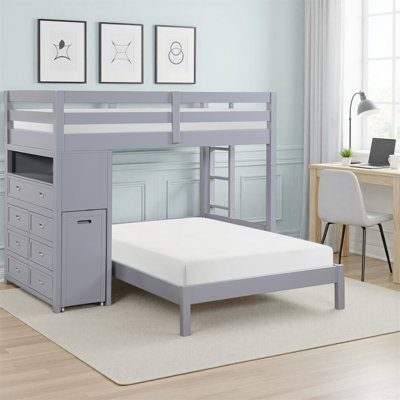 Itta Transitional Solid Wood Twin/Full Loft Bunk Bed with Integrated Chest, Hidden Desk & Polished Nickel Hardware
