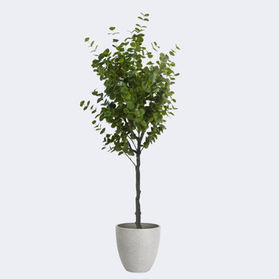 Artificial Eucalyptus Tree & Resin Round Plant Pots with Tray