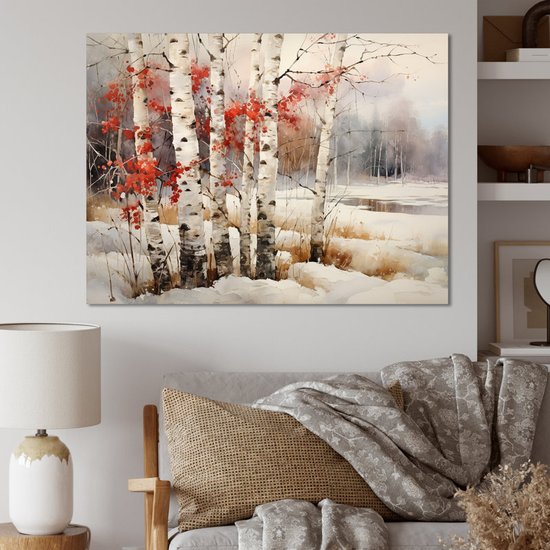 Bois de bouleau blanc et rouge en hiver IV sur toile, Cadre flottant noir, H 12 po x l 20 po