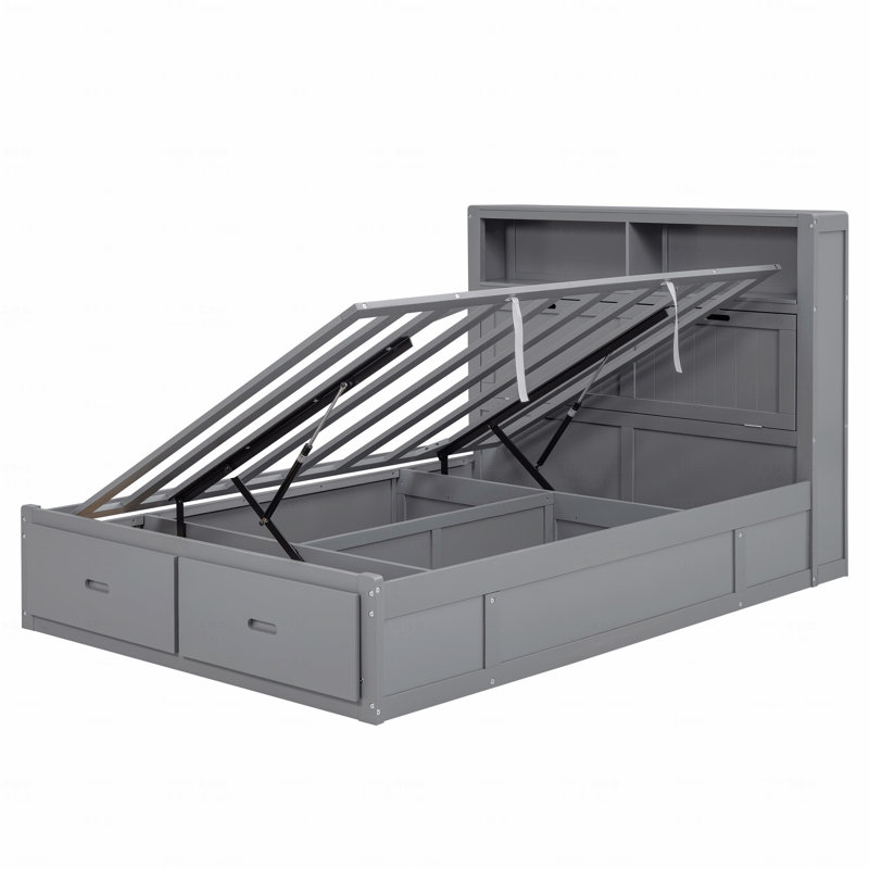 Wood Full Size Hydraulic Platform Bed With Storage LED Headboard, Charging Station And 2 Drawers, Grey, Full