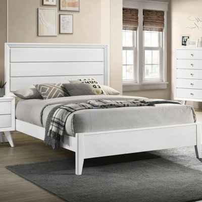 Très grand lit blanc contemporain de style contemporain avec tête de lit à motif de vagues et structure de lit, cadre de lit en bois massif, pieds inclinés, fondation requise de la taille des pieds, coins, nécessite