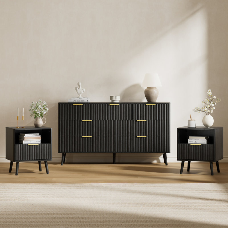 Ensemble de chambre à coucher 3 pièces (1 commode + 2 tables de chevet), Noir