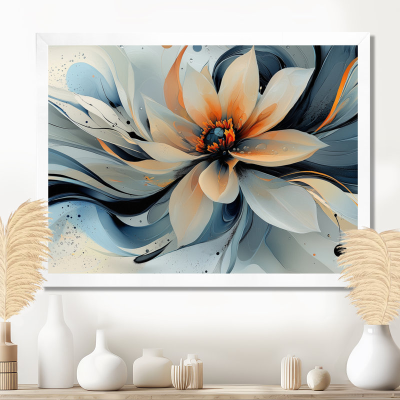 Jacaury turquoise Dahlia fleurs en couches I - art mural Dahlia pour le salon, H 34 po x l 44 po, Avec cadre, Blanc