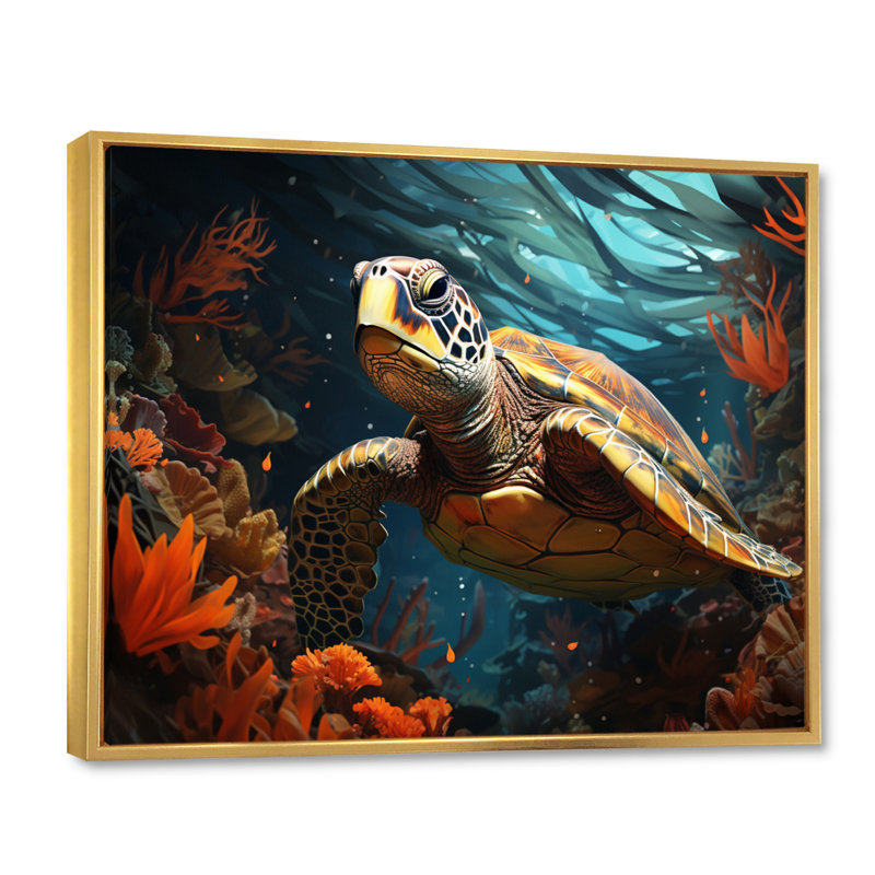 «Turtle Aquatic Wanderer», impression géométrique sur toile, H 24 po x l 32 po x P 1 po, Cadre flottant doré