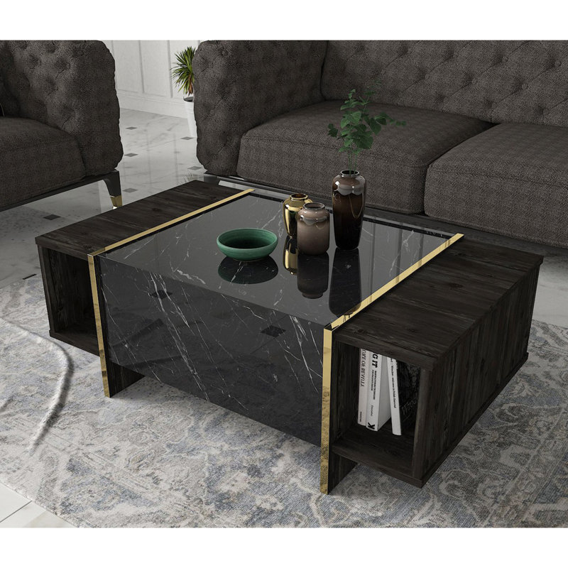 Modern Coffee Table with Side Shelf, Black & Gold, 40.8 x 14.7 x 23.6 inches | 100% Melamine Coated Particle Board, Thickness: 0.7 inches | Multipurpose Design with Additional Storage, Elegant Marble Concept