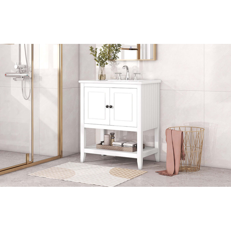 White 30" Modern Bathroom Vanity with Ceramic Sink and Solid Wood Frame