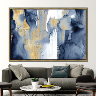Modern Abstract Navy Blue and Gold Painting - Trendy Contemporary Wall Art Decor