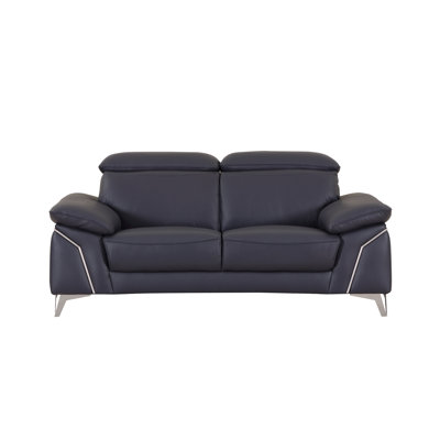 Navy Loveseat with Adjustable Headrest in Genuine Leather